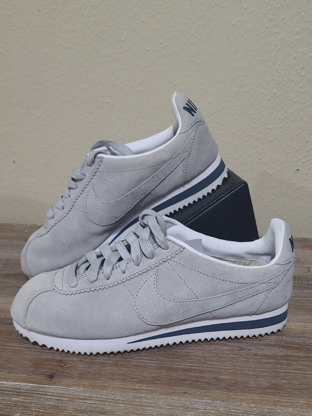 Nike Suede Cortez Sneakers - Light Gray with Navy Stripe